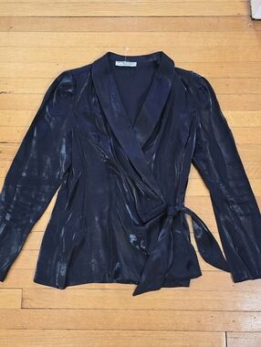 Vintage, Kensington Square, Navy Satin Wrap Blouse, EUC, Women's M